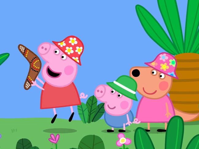 Peppa Pig learns to throw a boomerang on her Australian holiday, with the help of the Kangaroo family. Picture: Supplied