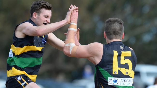 Dromana’s Will Geurts (right) slots an early goal against Langwarrin in the preliminary final on Saturday. Picture: Chris Eastman