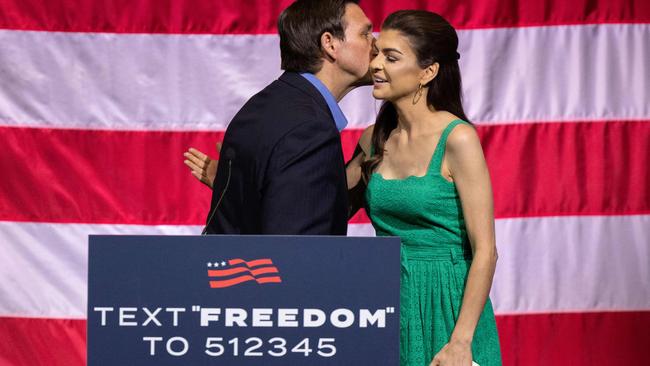 Florida Governor Ron DeSantis kisses his wife Casey during a campaign stop in Greenville, South Carolina. Picture: AFP