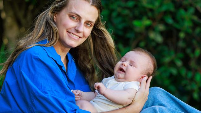 Daily Telegraph. 07, March, 2025.(See story  immunotherapy BLINCYTO)Bianca Edwards, with her 11 week old son Eddie Edwards, at home in Rose Bay, today. Picture: Justin Lloyd.