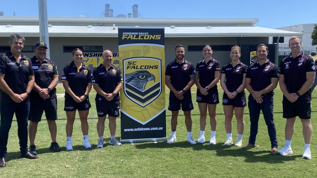 Pictured at the announcement on Thursday morning were Falcons CEO Chris Flannery, chairman Ashley Robinson, BMD player Remy Hinckesman, head coach Danny Gray, Brisbane Broncos NRLW head coach Scott Prince, development player Georgia Bartlett, emerging player Tilly Cason, NRLW and Game Development officer Paul Dyer and game development officer Jack Reed.