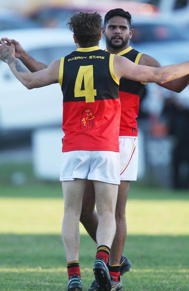 Kain Proctor celebrates a goal with Jye Brennan for Fitzroy Stars. Picture: Mark Wilson