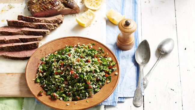 Tabouleh rice salad with barbecue lamb