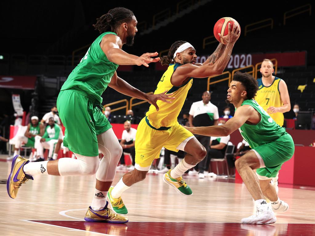 Patty Mills during the Australia v Nigeria basketball game at Saitama Super Arena in Tokyo. Picture: Adam Head