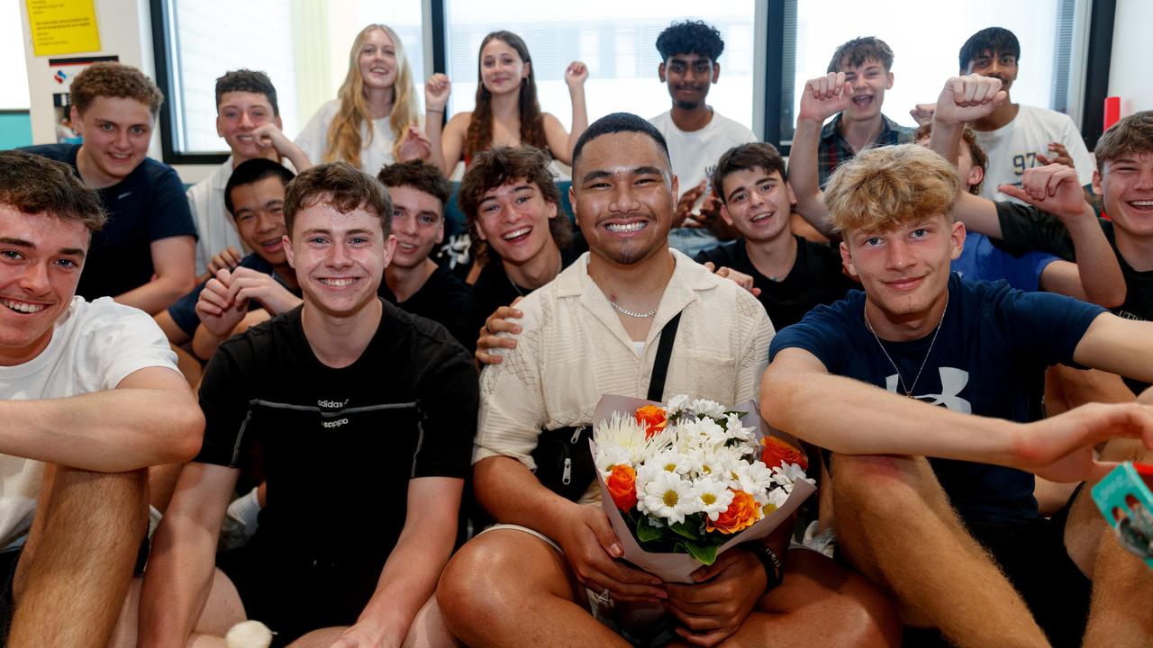 Jireh Pualilo celebrates the end of his cancer treatment with his friends. Picture: Nikki Short