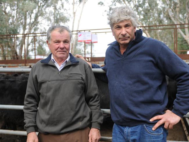 Branko Sabljo from Myrtleford and vendor Eugene Tomasoni from Smoko sold 355kg Angus steers for $1200 (338c/kg) and 416kg steers for $1300 or 313c/kg at the Myrtleford cattle sale. Picture: Fiona Myers