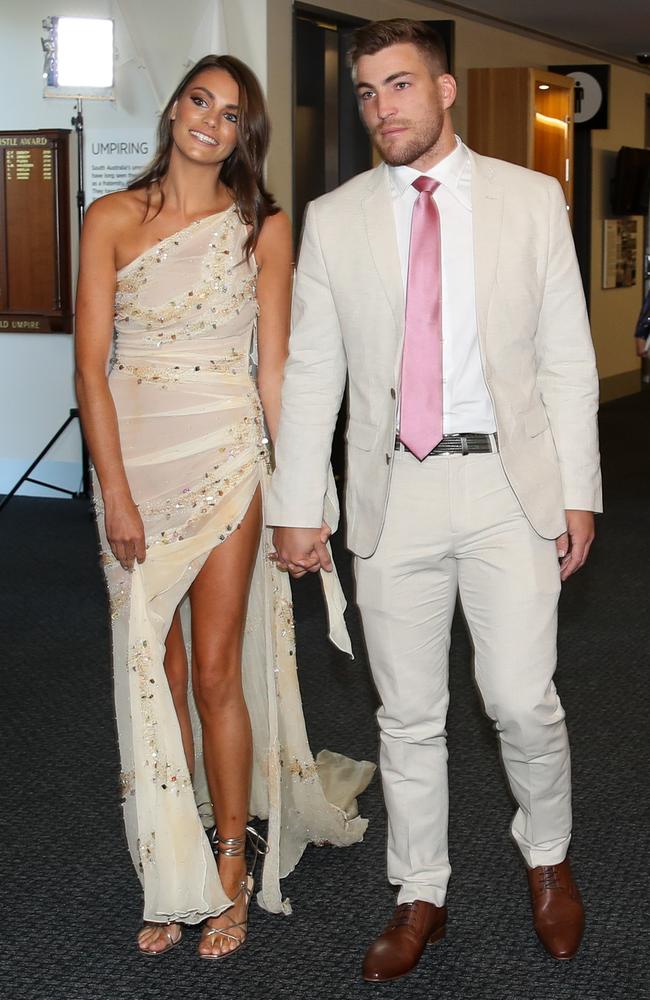 Jack and Charlotte Viney arrive to attend the count virtually from the Adelaide Oval. Picture: Getty