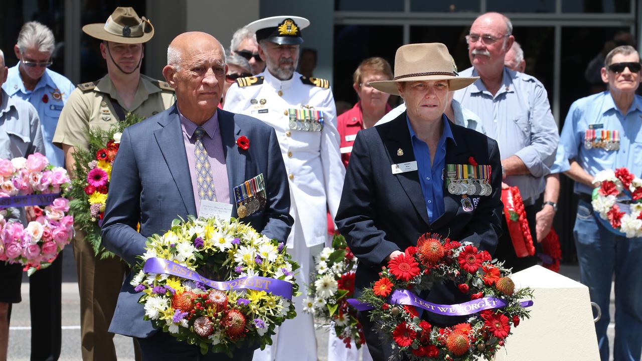 Cairns Mayor Bob Manning and Cairns RSL Sub-Branch Kirsten Rice lay wreaths  at the  Remembrance Day commemorations at the Cairns CenotaphPICTURE: ANNA ROGERS