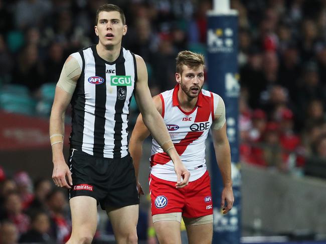 Johnson lined up on Collingwood's Mason Cox. Picture. Phil Hillyard