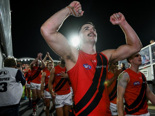 Sam Draper celebrates getting out of jail with a non-call of holding the ball not paid against him in the closing moments. Picture: Mark Brake/Getty Images