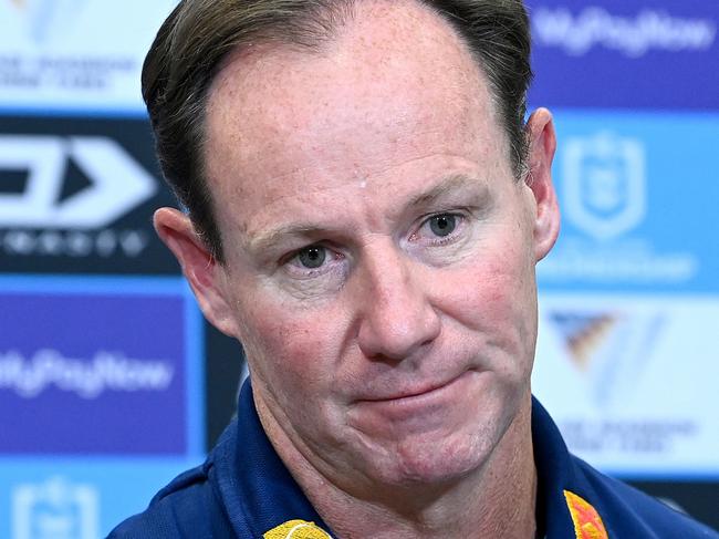 BRISBANE, AUSTRALIA - APRIL 23: Coach Justin Holbrook of the Titans looks dejected at a post match press conference after the round eight NRL match between the Dolphins and Gold Coast Titans at Suncorp Stadium on April 23, 2023 in Brisbane, Australia. (Photo by Bradley Kanaris/Getty Images)