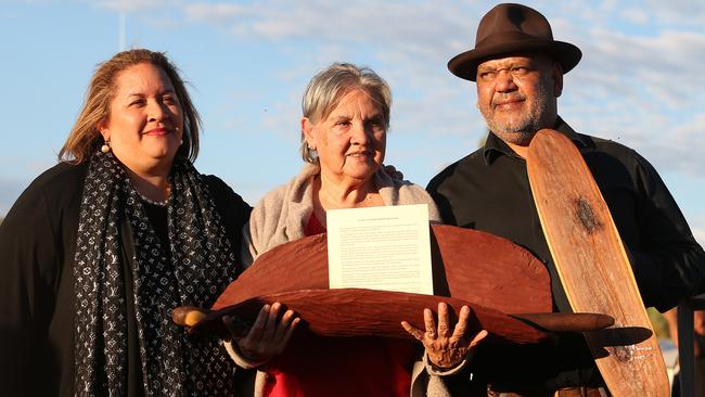 Megan Davis, Pat Anderson and Noel Pearson holding the Ulru Statement last May. Picture: James Croucher