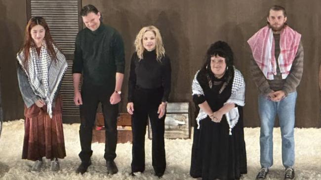 Harry Greenwood (R) along with co-stars Megan Wilding (2nd R) and Mabel Li (L) wore keffiyeh scarves during the encore at the opening night of the STC production of The Seagull at Sydney’s Roslyn Packer Theatre. Picture: Instagram