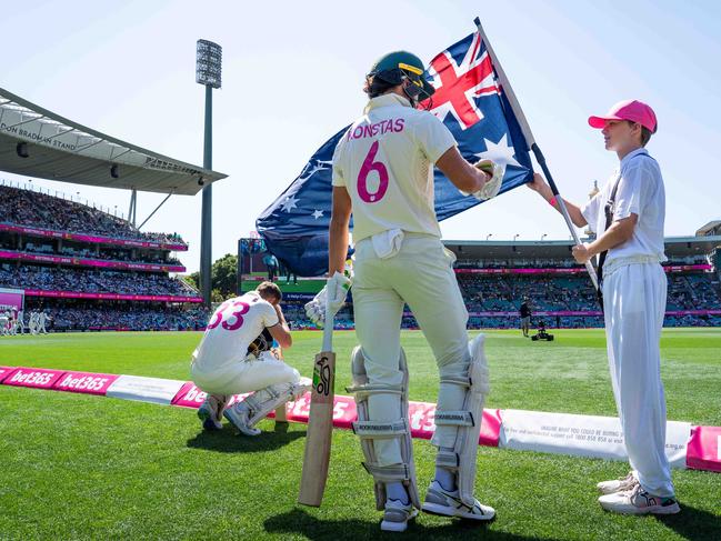 Sam Konstas and Marnus Labuschagne walk out to bat on Day 2 of the 5th test.Photo: Tom Parrish