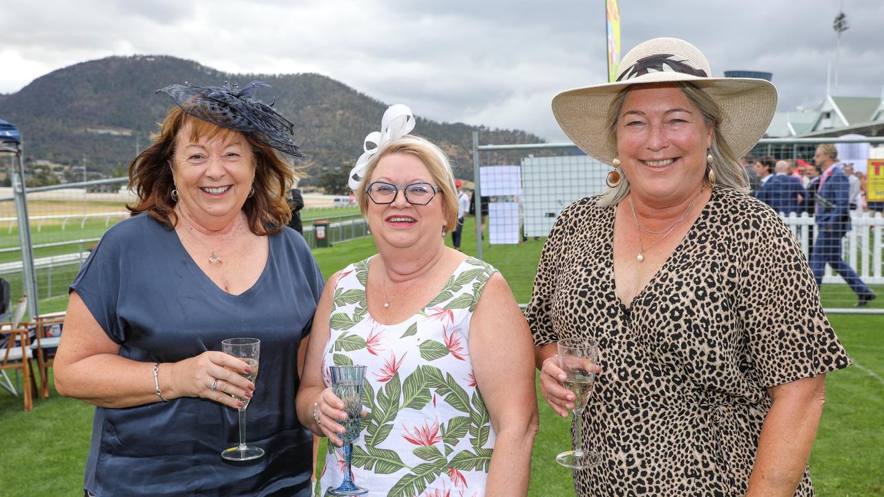 Andrea Street, Judith Krushka and Debbie Colls at the Hobart Cup Day. Picture : Mireille Merlet