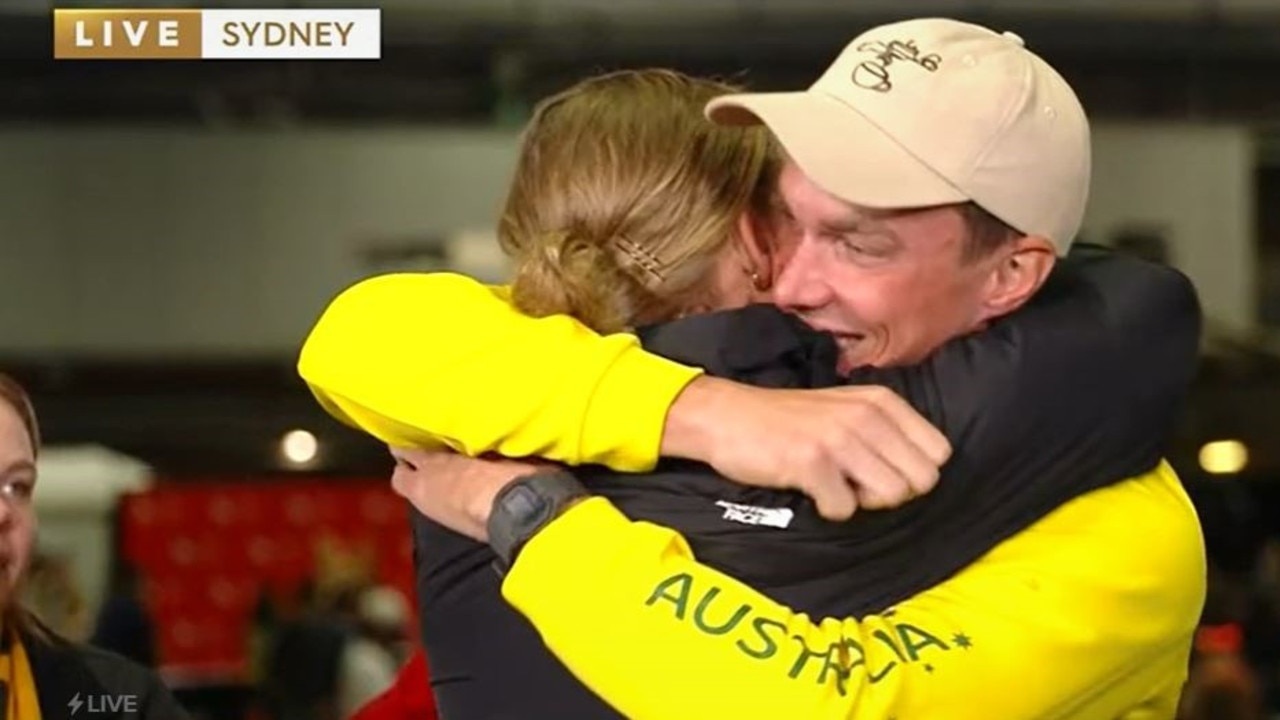 The pair shared a heartfelt hug at Sydney airport on Wednesday. Picture: Today