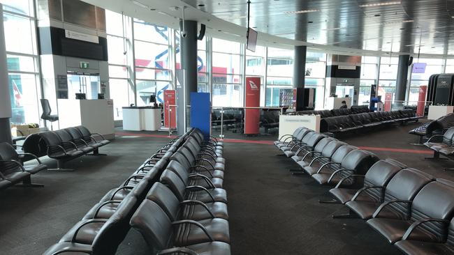 Coronavirus fears have impacted travellers within Australia with Qantas cancelling services and the domestic airport nearly empty during Tuesday afternoon. Picture: Toby Zerna