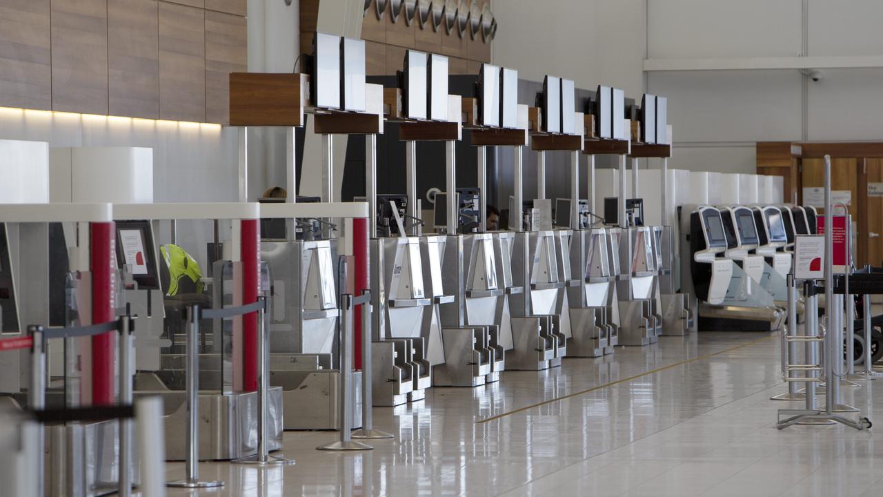 Adelaide Airport appears practically empty after 750 Qantas staff have been put into quarantine and all Virgin flights have been cancelled. Photographer: Emma Brasier/AAP.