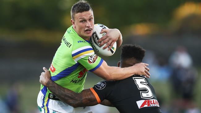 Jack Wighton of the Raiders is tackled by Kevin Naiqama of the Tigers during the Round 15 NRL match between the Wests Tigers and the Canberra Raiders at Campbelltown Stadium in Sydney, Sunday, June 17, 2018. (AAP Image/Brendon Thorne) NO ARCHIVING, EDITORIAL USE ONLY