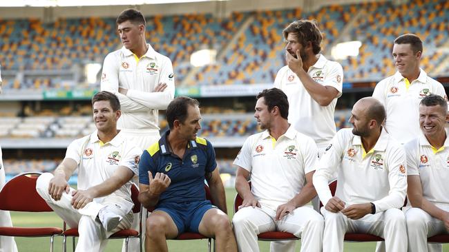 Justin Langer chats to his players before the Gabba Test. Picture: Getty