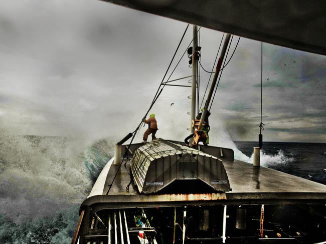 A Portrait of Australia: The best stories from 30 years of Australian Geographic. Two days from port in Adelaide, the 22.8m fishing vessel Diana ploughs through a light Southern Ocean swell, on course for the seamounts of the Great Australian Bight. Photo by Dean Saffron.