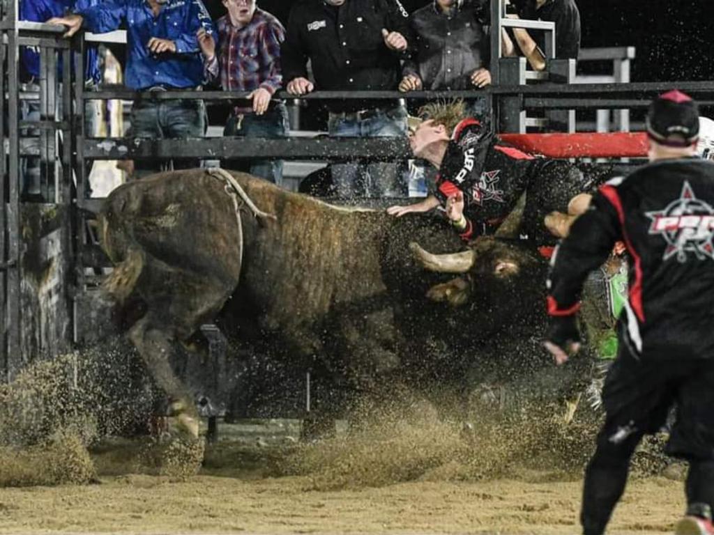 Bullfighter Brodie Frizzell being gored by I'm a Thug at the Dittmann Bucking Bulls PBR event on Saturday night.