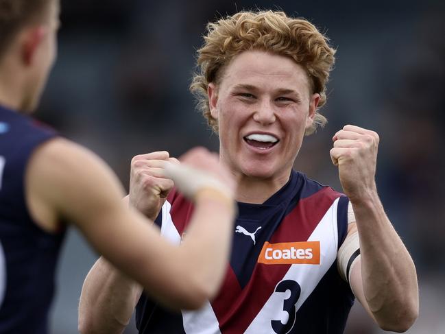 MELBOURNE, AUSTRALIA - SEPTEMBER 21: Levi Ashcroft of the Dragons celebrates a goal during the 2024 Coates Talent League Boys Grand Final match between the Sandringham Dragons and GWV Rebels at IKON Park on September 21, 2024 in Melbourne, Australia. (Photo by Martin Keep/AFL Photos via Getty Images)