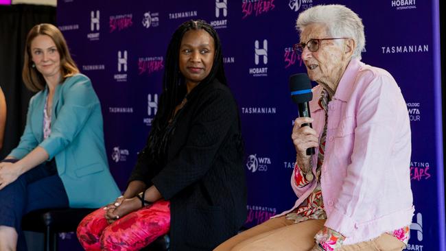 Panel (right to left) Australian tennis legend Judy Dalton, WTA chief executive Portia Archer and Tennis Tasmania's Alyssa Hibberd. Women Leaders in Tennis Networking Event celebrating Hobart International's 30th anniversary. Picture: supplied/Hobart International