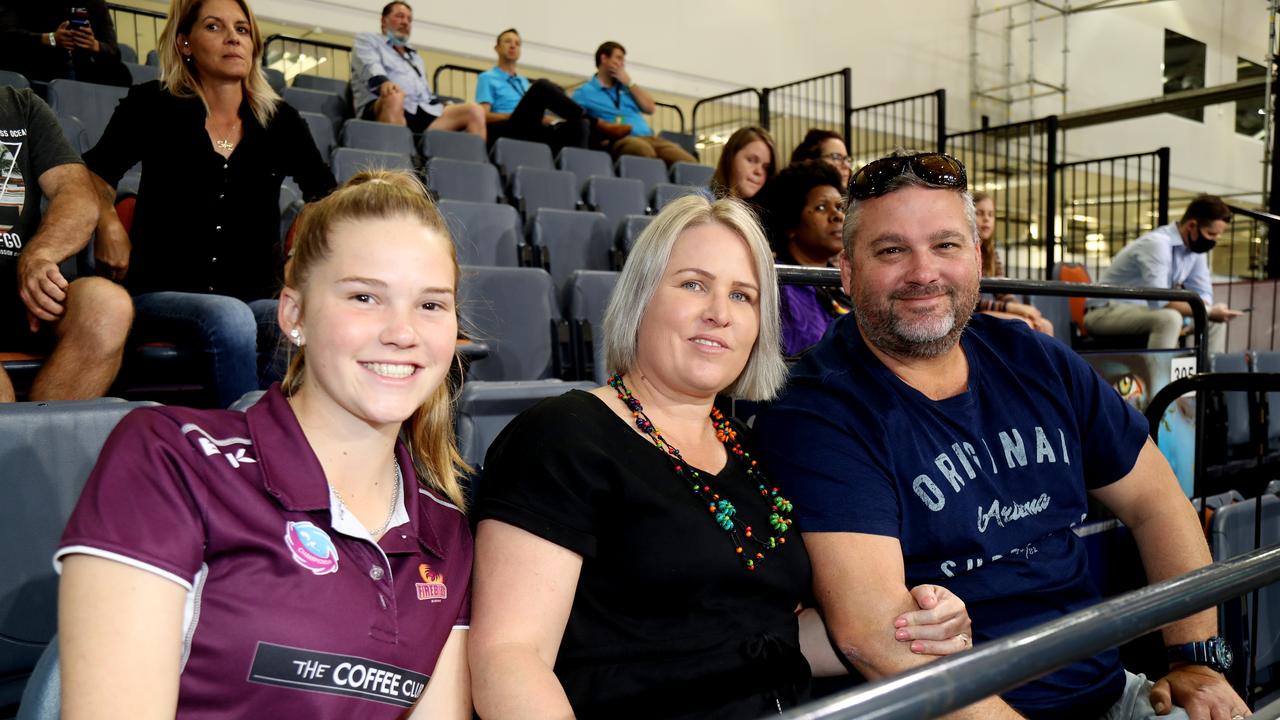 Super Netball game between Fever and Giants at Cairns pop up stadium. Taylah, Jenny and Damien Leibel. PICTURE: STEWART McLEAN