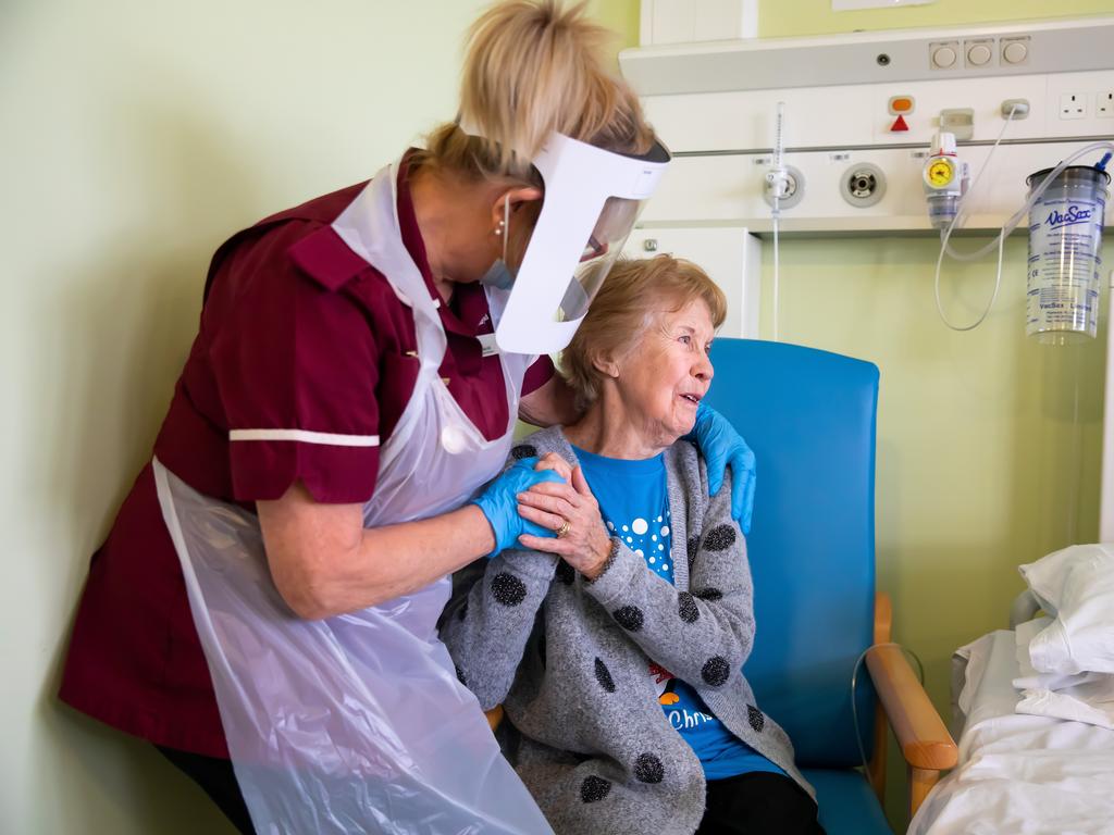 Margaret Keenan, 90, the first patient in the United Kingdom to receive the Pfizer/BioNtech COVID-19 vaccine. Picture: Getty