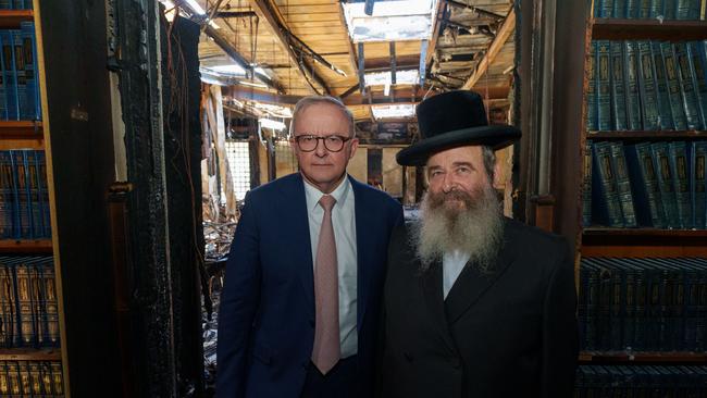 Prime Minister Anthony Albanese visiting the Adass Israel Synagogue with Rabbi Shlomo Kohn after a firebombing in December. Picture: Supplied