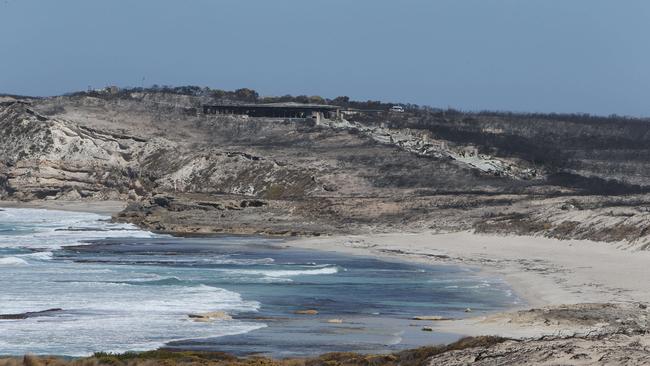 The remains of the luxury resort Southern Ocean Lodge after fire ripped through the Flinders Chase National Park a year ago. Picture: Emma Brasier)