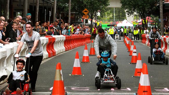 Close finish at the Rouse Hill Billy Cart Derby. Pictures: Carmela Roche