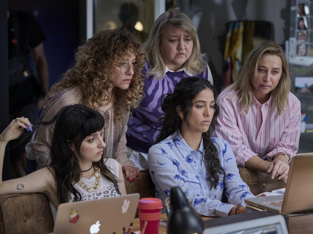 Asher Keddie with Strife co-stars BeBe Bettencourt, Maria Angelico, Olivia Junkeer and Bryony Skillington. Photo: Kane Skennar / BINGE