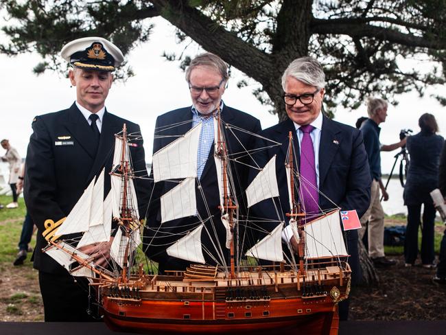 Endeavour wreck investigations, Newport, Rhode Island (l-r): Royal Australian Navy Commander Doug Theobold, Peter Dexter from the Australian National Maritime Museum and Australia’s Consul General in New York, Alistair Walton.