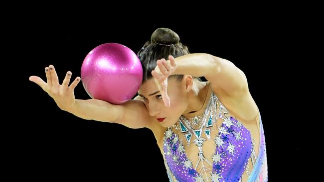 Danielle Prince of Australia during the Rhythmic Gymnastics Ball final on day nine of competition of the XXI Commonwealth Games, at the Coomera Indoor Sports Centre on the Gold Coast, Australia, Friday, April 13, 2018. (AAP Image/Tracey Nearmy) NO ARCHIVING, EDITORIAL USE ONLY