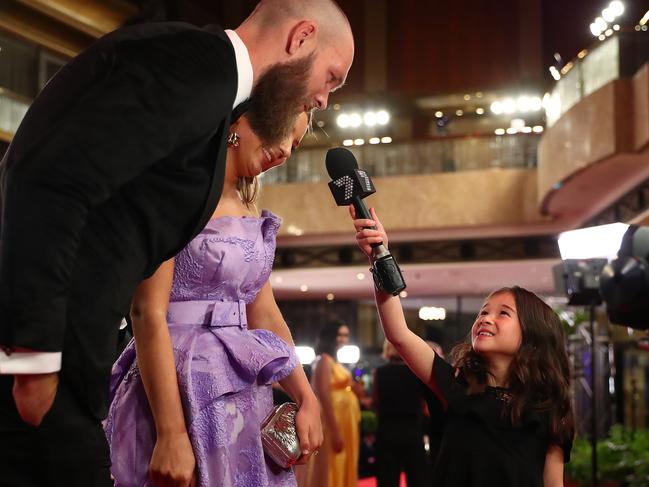 MELBOURNE, AUSTRALIA - SEPTEMBER 23: Max Gawn of the Demons is interviewed by Isla Roscrow 2018 NAB Auskicker of the Year ahead of the 2019 Brownlow Medal at Crown Palladium on September 23, 2019 in Melbourne, Australia. (Photo by Kelly Defina/AFL Photos/via Getty Images)