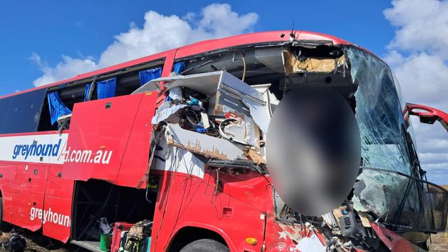 Photographs taken in the immediate aftermath of a horror fatal Greyhound passenger bus crash at Gumlu on the Bruce Highway south of Ayr on Sunday. Picture: Supplied
