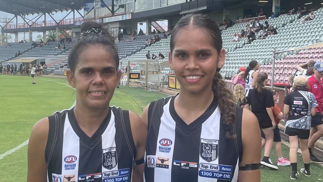 Tatyana Perry, with her mother Hayley Davey, kicked three goals on debut in Women's Premier League. Picture: Ben Cameron.