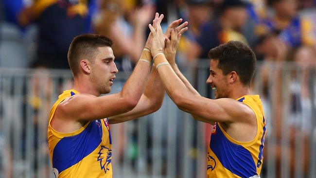 Eagles players Elliot Yeo and Liam Duggan celebrate their Derby victory against Fremantle. Picture: Paul Kane/Getty Images