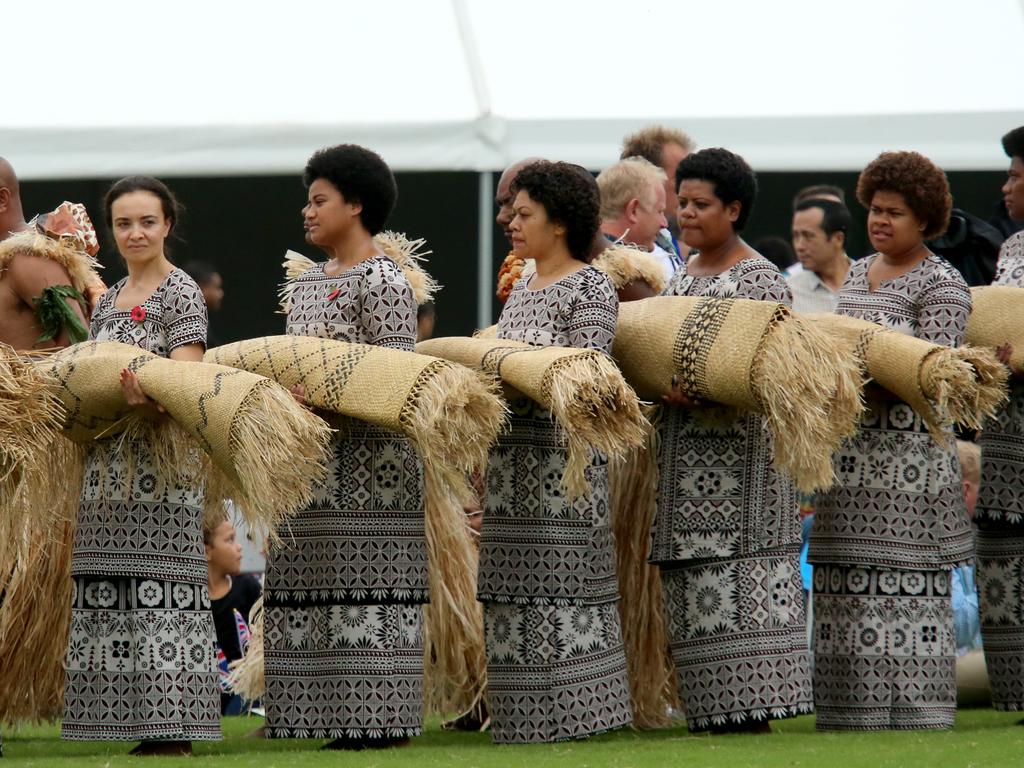 Crowds gather for the arrival of The Duke and Duchess of Sussex, Prince Harry and Meghan at Prince Albert Park in Suva for their traditional welcome to Fiji. Picture: Nathan Edwards.