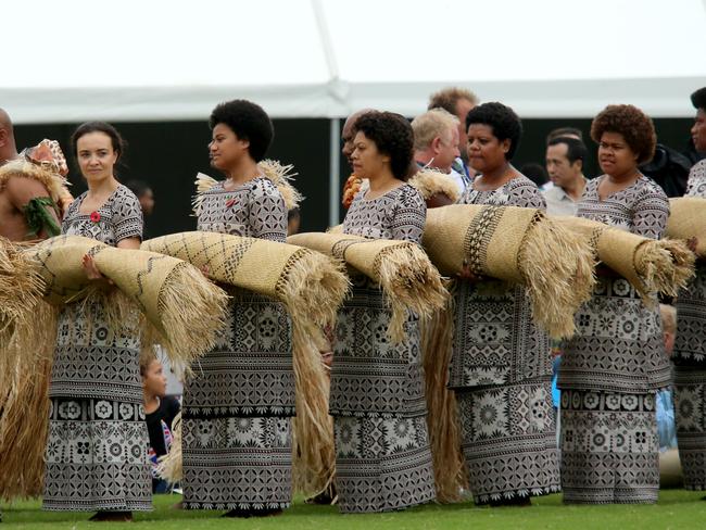 Crowds gather for the arrival of The Duke and Duchess of Sussex, Prince Harry and Meghan at Prince Albert Park in Suva for their traditional welcome to Fiji. Picture: Nathan Edwards.