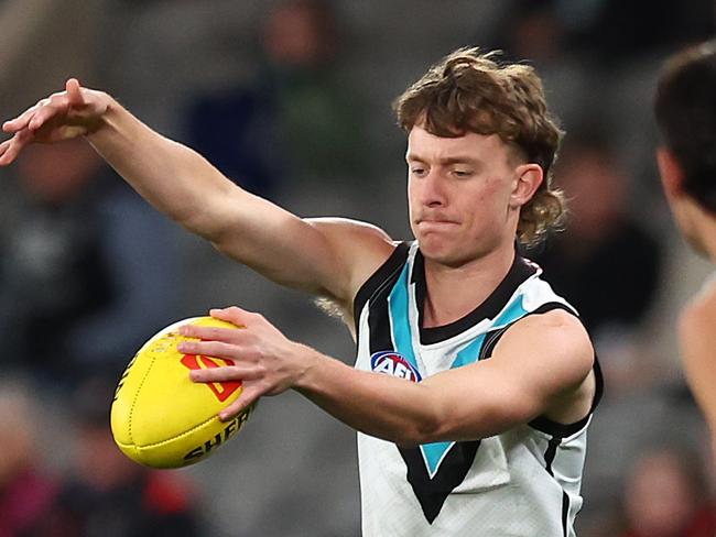 MELBOURNE, AUSTRALIA - JUNE 30: Will Lorenz of the Power in action during the round 16 AFL match between St Kilda Saints and Port Adelaide Power at Marvel Stadium on June 30, 2024 in Melbourne, Australia. (Photo by Graham Denholm/AFL Photos/via Getty Images)