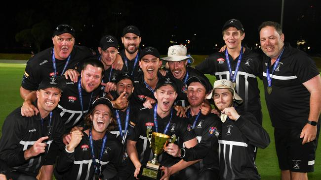 Port Adelaide celebrates winning the SACA Premier Cricket Twenty20 Cup over East Torrens on Sunday night. Picture: Simon Stanbury