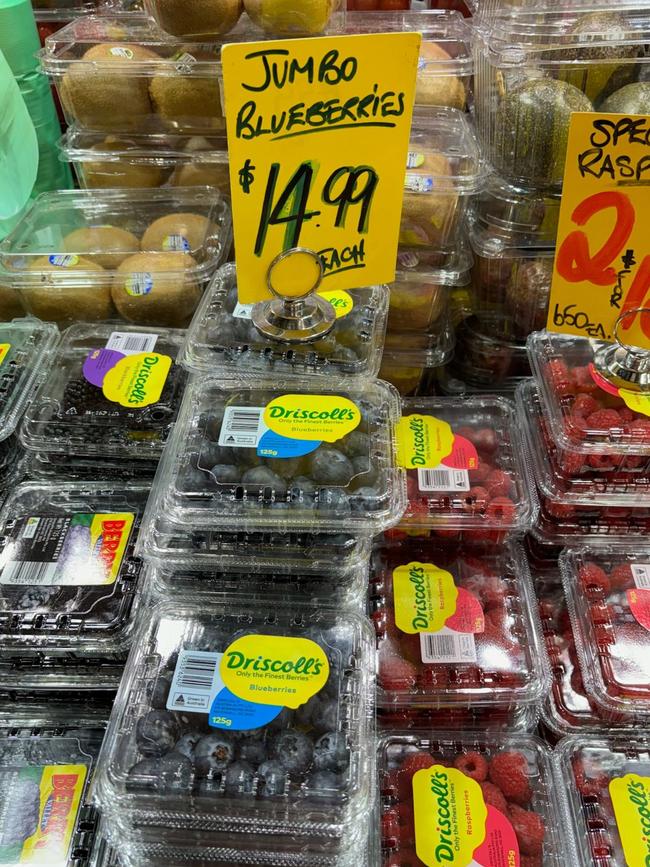 Jumbo blueberries for sale for $14.99 a punnet at Aubergine’s in the Central Market. Picture: Supplied