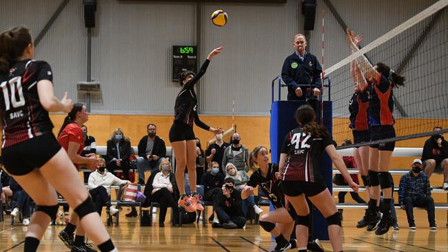 South Adelaide’s Elle Jarvis flies high in the SA Volleyball League grand final against Mt Lofty. Picture: The Advertiser / Morgan Sette