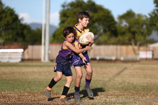 Edmonton Storm players demonstrate Billy Slater tackle