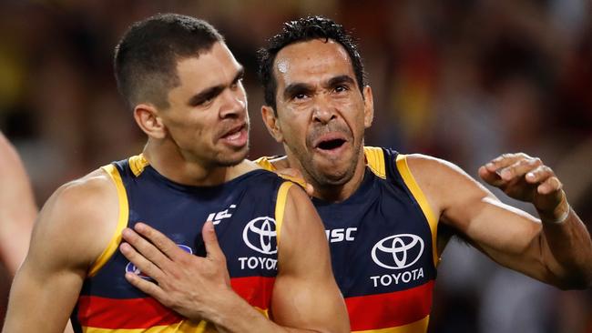 Charlie Cameron with Betts after kicking one of his five goals on Friday night. Picture: Adam Trafford (Getty).