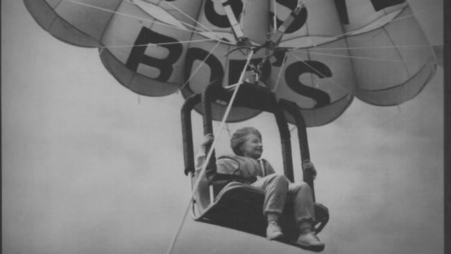 Joan Sheldon, leader of the Queensland Liberal Party, parasailing on the Gold Coast in 1992.