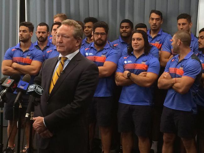 Andrew Forrest is flanked by Western Force players after the court rejected their appeal.